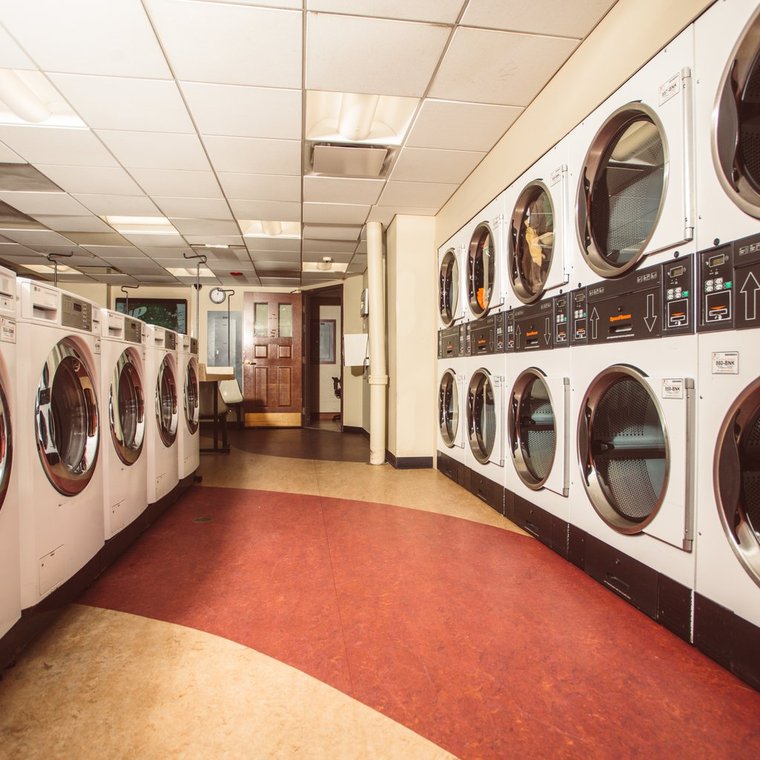 Angled view of the laundry facility showing a multitude of washing machines