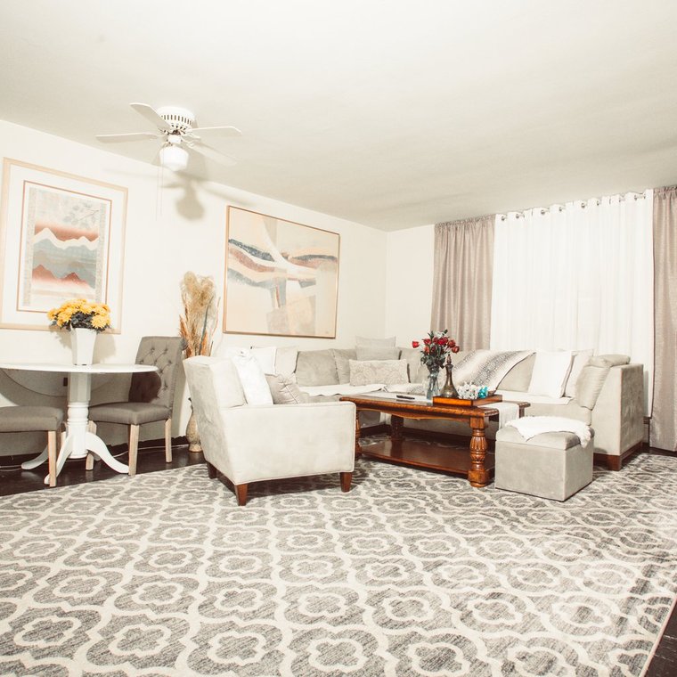 White living room with ceiling fan, grey and white accent rug on black flooring and white and grey furniture